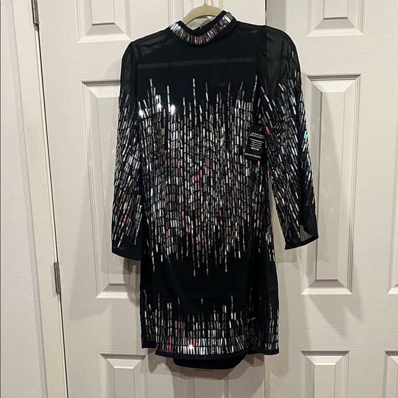 NWT-Boston Proper Black and Silver Long Sleeve Sequins Evening Dress - Picture 1 of 15